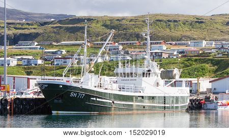 Grundarfjordur, Iceland - August 1, 2016;  Fishing Boats In The Port Of Grundarfjordur, Iceland, Aug