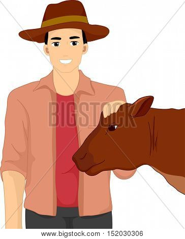 Illustration of a Farmer in a Cowboy Hat Petting the Head of a Docile Show Cow
