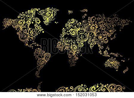 Artsy Illustration Featuring a World Map Made of Artsy Golden Vines Set Against a Black Background
