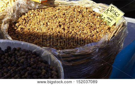 detail of dried white mullberry berries background and texture