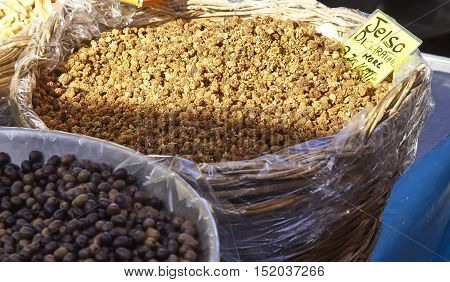 detail of dried white mullberry berries background and texture