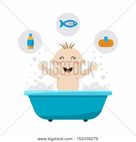Baby bathing in a small bath, with bath foam and soap bubbles. A joyful baby takes a bath, body hygiene of the infant. Game baby in the bath water.