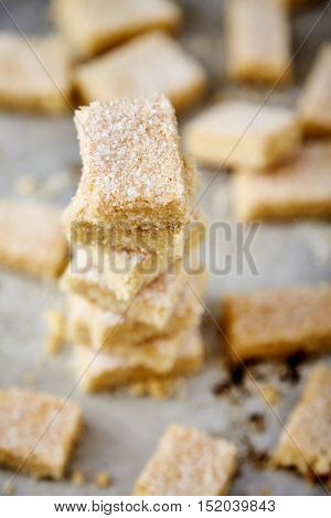 Delicious homemade sugar cookies made from semolina, butter, flour and sugar. Crumbly, delicate texture, the sugar crust on top. A little sweetness to the tea on gray background. Selective focus