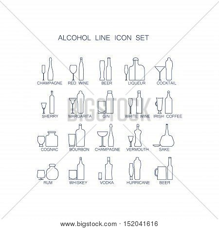 The icon set Alcoholic beverages . Line images of bottles and glasses for drinks. Collection of high quality thin line alcoholic pictogram for design website, mobile app, logo, etc.