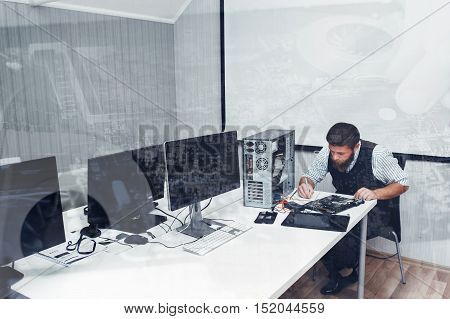 Computer repairing at office, double exposure. Programmer fixing broken PC in open space, copyspace