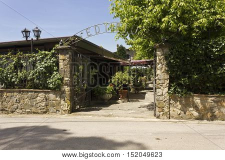 LASTRA A SIGNA, ITALY - MAY 21 2016: External view of the entrance of historical Edy Piu traditional restaurant on Tuscan Hills