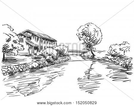 Landscape with house and trees next to river Vector sketch Hand drawn illustration