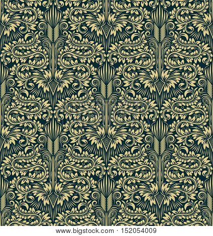 Damask seamless pattern repeating background. Greenish floral ornament in baroque style.