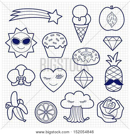 Fashion coloring patches. Pin badges set. Black and white stickers collection. Sketch of appliques for denim or clothes on squared paper.