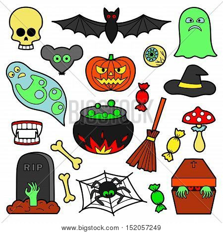 Halloween colorful patches. Pin badges set. Stickers collection. Appliques for denim or clothes.