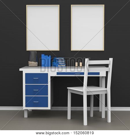 Modern home decor mock-up. Posters above table. 3d illutration.