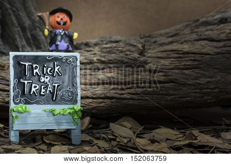 trick or treat board with pumpkin head jack in halloween night