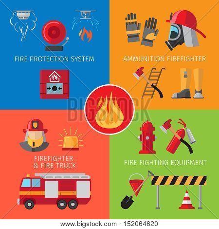 Firefighting inventory and fire rescue concepts. Business and house fire safety vector illustration