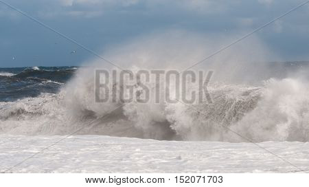 Dangerous Atlantic Ocean waves during a windstorm at black beach in Iceland.
