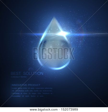 Collagen serum droplet with particles and lens flare light effect. Vector beauty illustration of collagen serum. Cosmetic skin care treatment design