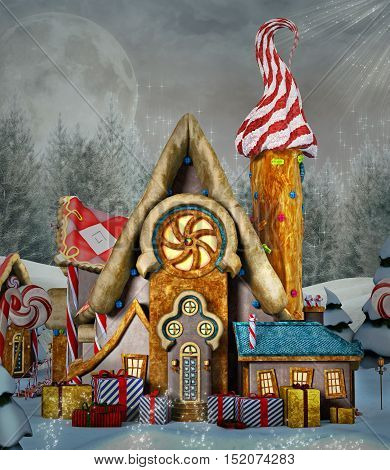 Gingerbread fantasy house in a winter scenery - 3D illustration