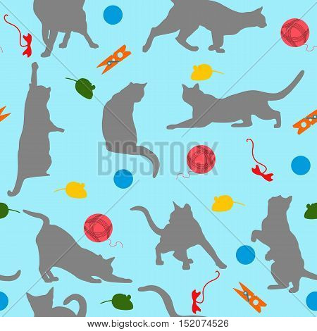 Seamless pattern with cats and toys isolated in flat style on blue background.
