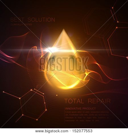 Collagen serum or oil essence golden droplet with particles and lens flare light effect. Vector beauty illustration of clinically tested innovative product. Cosmetic skin or hair care treatment design