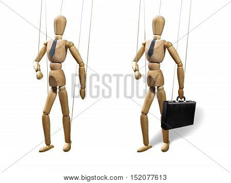 Set of two puppets on a strings. Objects are isolated on white background. Puppets are presented in business style with a tie and a briefcase.