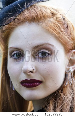 CAGLIARI, ITALY - May 29, 2016: Sunday at La Grande Jatte VIII Ed. At the Public Gardens - Sardinia - portrait of a beautiful girl in Victorian costumes