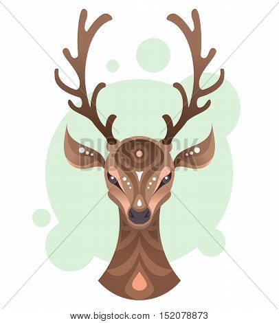 Graphic design of tribal ornamental deer head on the geometric background.
