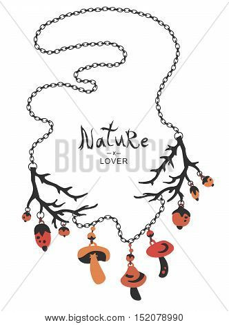 Boho ethnic nature lover necklace with mushrooms berries beads and branches.