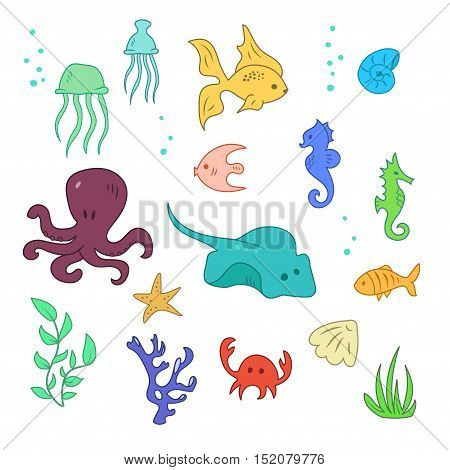 Cartoon set of sea and ocean animals fishes and water plants: Octopus stingray seahorse crab starfish jellyfish several fishes coral water plants shell nautilus.