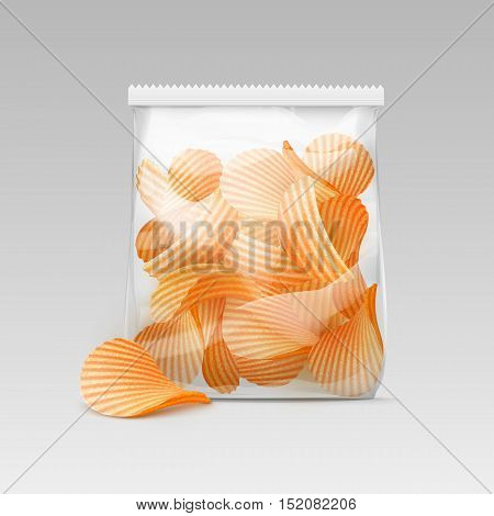 Vector White Vertical Sealed Transparent Plastic Bag for Package Design with Potato Ripple Crispy Chips Close up Isolated on White Background