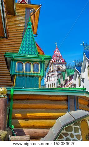 The colorful cones of the decorative towers of Izmailovsky Kremlin Moscow Russia.