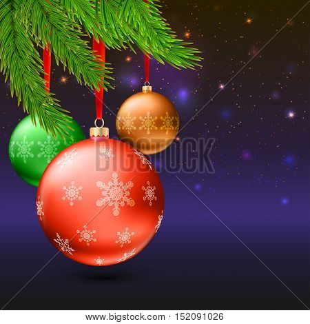 Christmas balls with green fir branches on the background with flash and Christmas lights. Realistic vector bright balls with snowflakes. Greeting card with golden text, editable eps 10