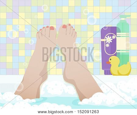 Female feet in bathroom, color vector illustration. Woman take a bath with foam, first-person view.