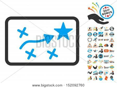 Route Plan pictograph with bonus 2017 new year clip art. Vector illustration style is flat iconic symbols, blue and gray colors, white background.