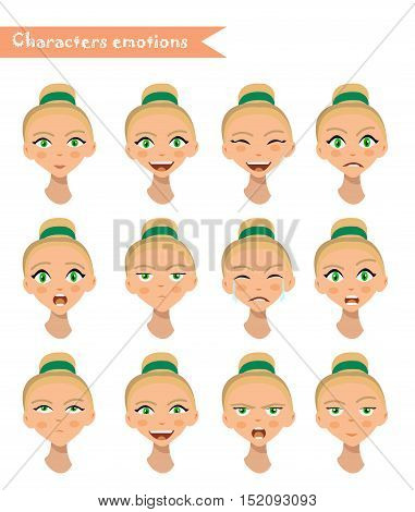 girl emotion face expression icons and beauty girl emotion face vector. Isolated set of Human emotion face avatar expressions face emotions vector illustration. woman emotion face set.
