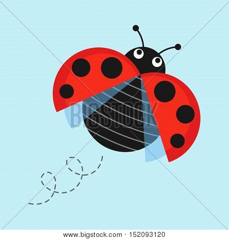 Cartoon flying ladybug on a blue background vector illustration. Funny ladybug in flight in a flat style. Isolated Icon jolly bug or insect.