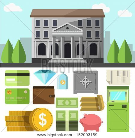 Vector bank building and business icons set. Flat design elements of finance banking symbol: credit cards and wallet, cash money and ATM teller, savings and coins, gems and safe. Illustration isolated