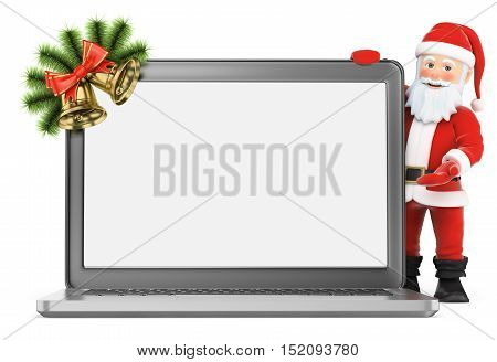 3d christmas people illustration. Santa Claus with blank screen laptop. Isolated white background.