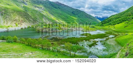 The wide wetland in the Sno gorge on the way to one of the highest settlements in Georgia named Juta.
