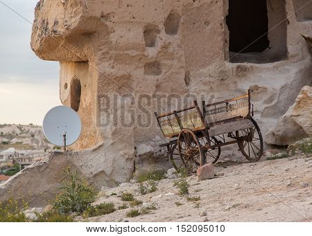 Wain and satelite in rural setup in Cappadocia, Turkey