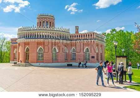 MOSCOW RUSSIA - MAY 10 2015: The Third Cavalry Building with semisircular facade decorated with fretwork on May 10 in Moscow.