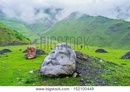 The unique monument among the foggy mountains - the heads of famous Georgian cultural figures Sno Georgia.