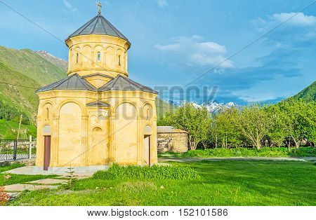 The church of St Vakhtang Gorgasali King of Georgia was built in Sno village next to the medieval fortress Kazbegi Georgia.