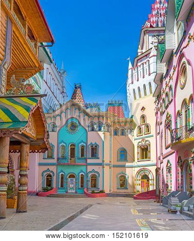 The bright colors and unusual architecture of modern museums restaurants and art galleries of Izmailovsky Kremlin Moscow Russia.