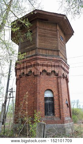 Old water tower for refilling steam locomotives water. Russia, Tver Region, Udomlya.