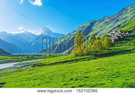 The old Akhaltsikhe village located on the of Sno gorge in clear weather it's possible to watch uncovered peak of Kazbek Mount from here Kazbegi Georgia.