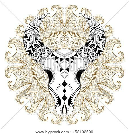 Zentangle stylized Animal Skull on gypsy mandala. Freehand vector ethnic henna illustration for adult anti stress coloring pages, art therapy, bohemian tattoo style, t-shirt print.