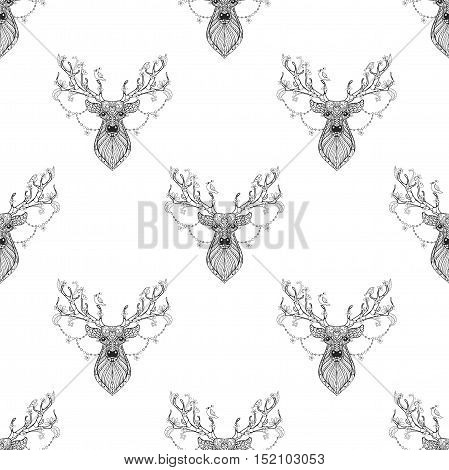 Magic reindeer seamless pattern in zentangle style. Freehand ethnic Xmas sketch for adult coloring book. Ornamental artistic vector illustration. New Year 2017 collection.