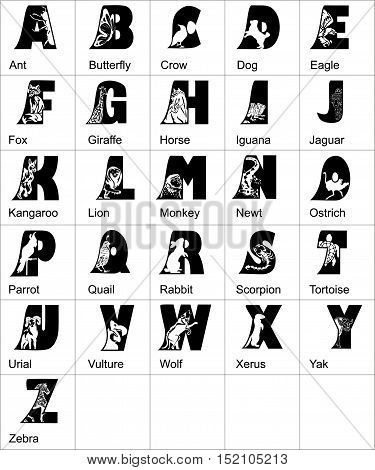 Alphabet from A to Z. Black and white vector set of letters with animals