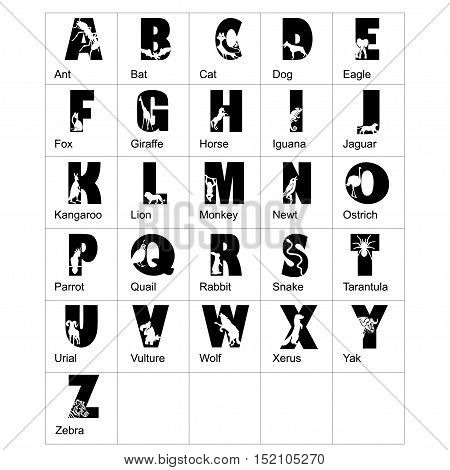 Alphabet from A to Z. Black and white vector set of letters with animals