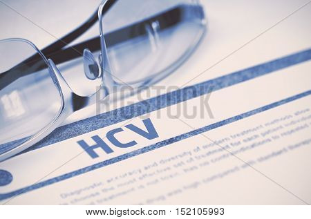 HCV - Hepatitis C - Medicine Concept with Blurred Text and Spectacles on Blue Background. Selective Focus. 3D Rendering.