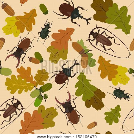 Seamless pattern with beetles, acorns, oak leaves.